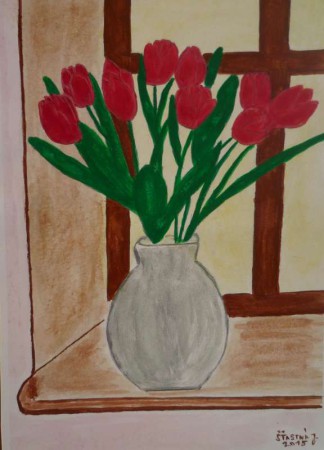 váza  s tulipány v okně 